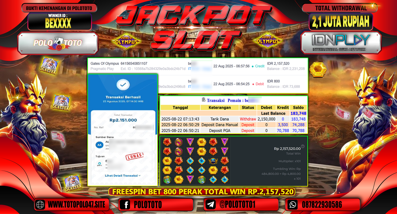 POLOTOTO JACKPOT SLOT GATES OF OLYMPUS Rp.2.150.000,-