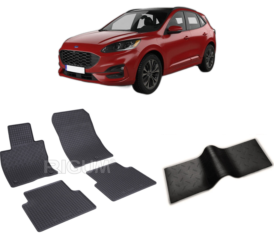 Set covorase auto FORD KUGA HYBRID din 04.2020-PREZENT, cu covoras tunel median, CAROSERIE SUV HYBRID, Presuri cauciuc 100%, compatibil cu autoturismul FORD KUGA HYBRID, Rigum
