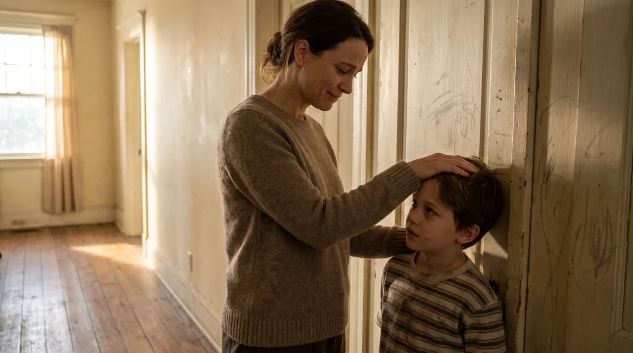 Mother marking child's height on doorframe