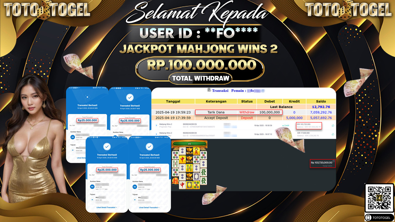Bukti Pembayaran Jackpot  Permainan Slot Mahjong Wins 2 ID:**FO**** LUNAS