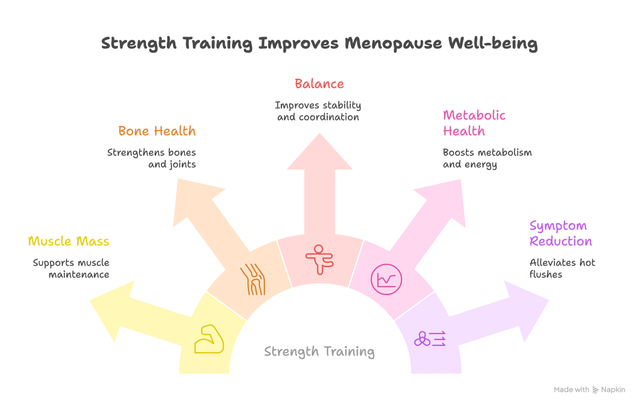 Benefits of strength training during menopause including muscle, bone, balance, metabolism, and symptom support.