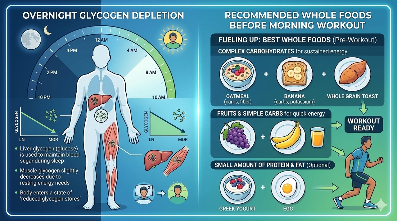 Diagram showing glycogen depletion overnight for best whole foods to eat before a morning workout