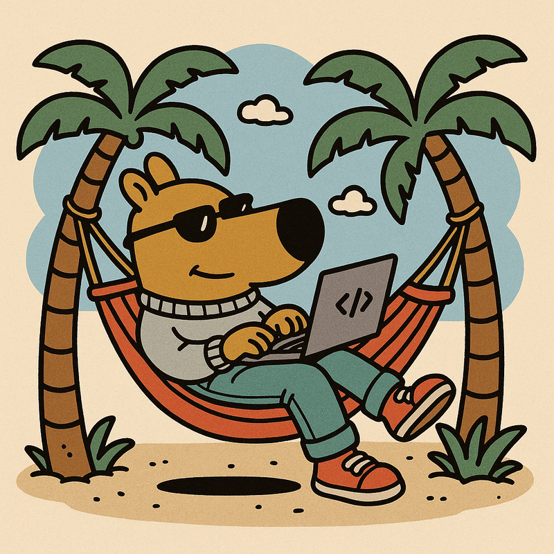 Chill guy relaxing in a hammock on a tropical beach while coding on a laptop, symbolizing the ease of 'vibe coding'.