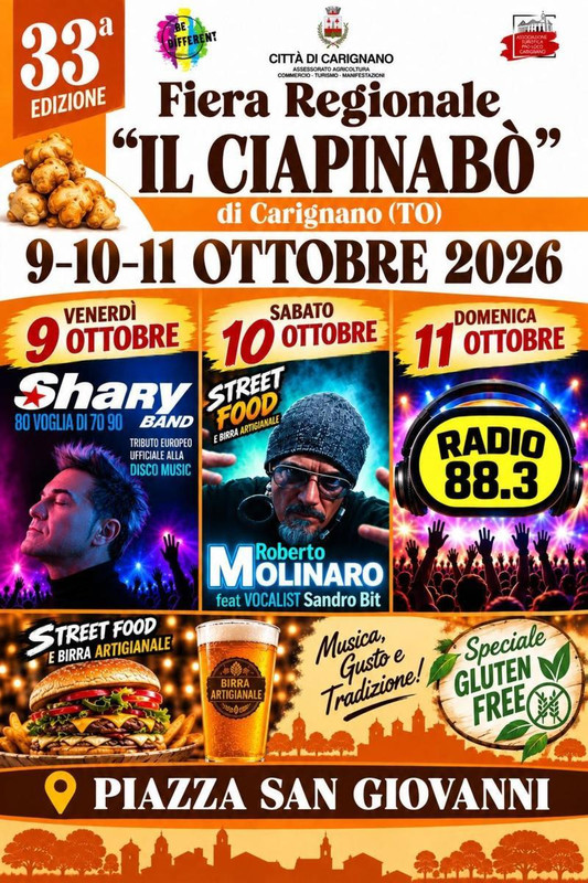 A Carignano dal 9 all’11 ottobre2026 la 33a Fiera Regionale del Ciapinabò