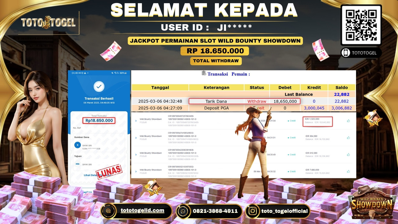 Bukti Pembayaran Jackpot  Permainan Slot Wild Bounty Showdown  ID:JI***** LUNAS