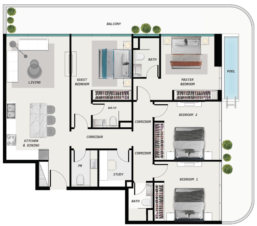 Detailed floor plan layout of the 4-BR penthouse residence at Samana Ocean Pearl showing room configuration, balcony space and private pool placement – Distress Deal unit layout in Samana Ocean Pearl Dubai Islands