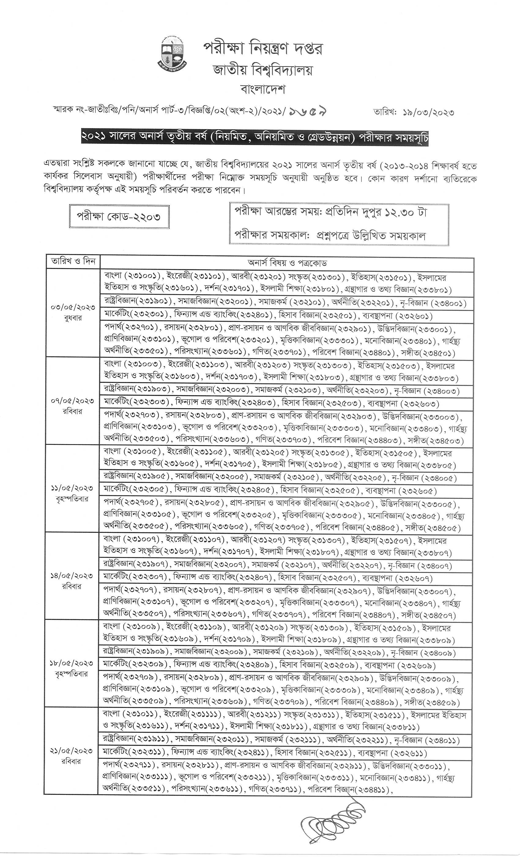 NU Honours 3rd Year Exam Routine 2022