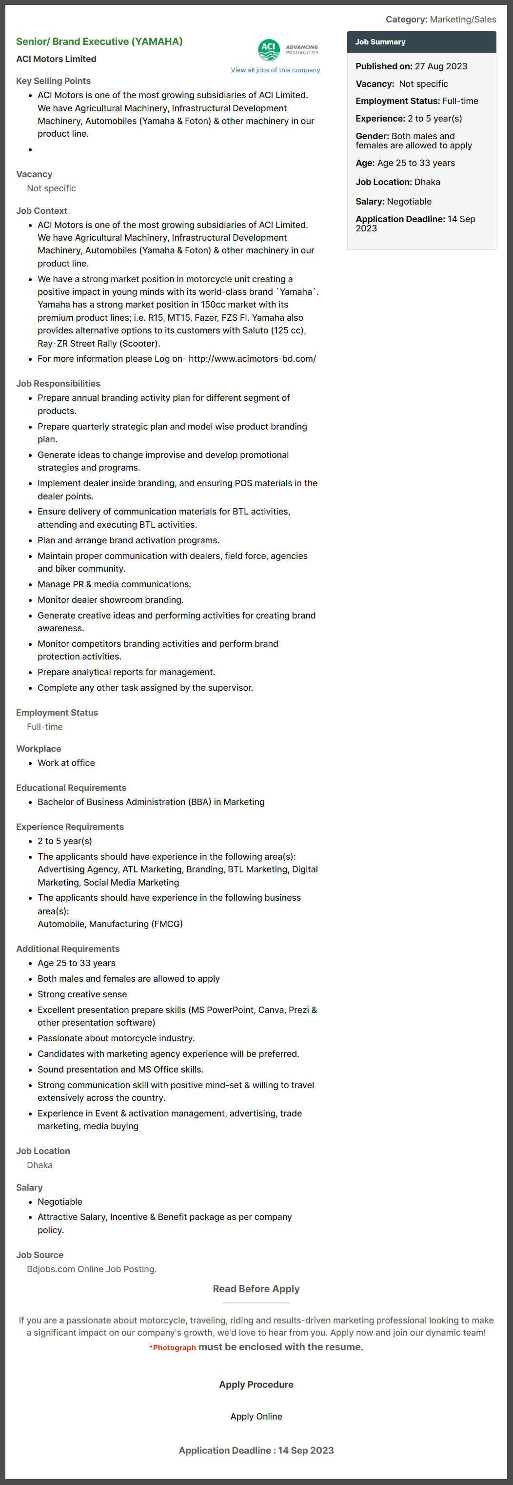 ACI Motors Limited Job Circular 2026