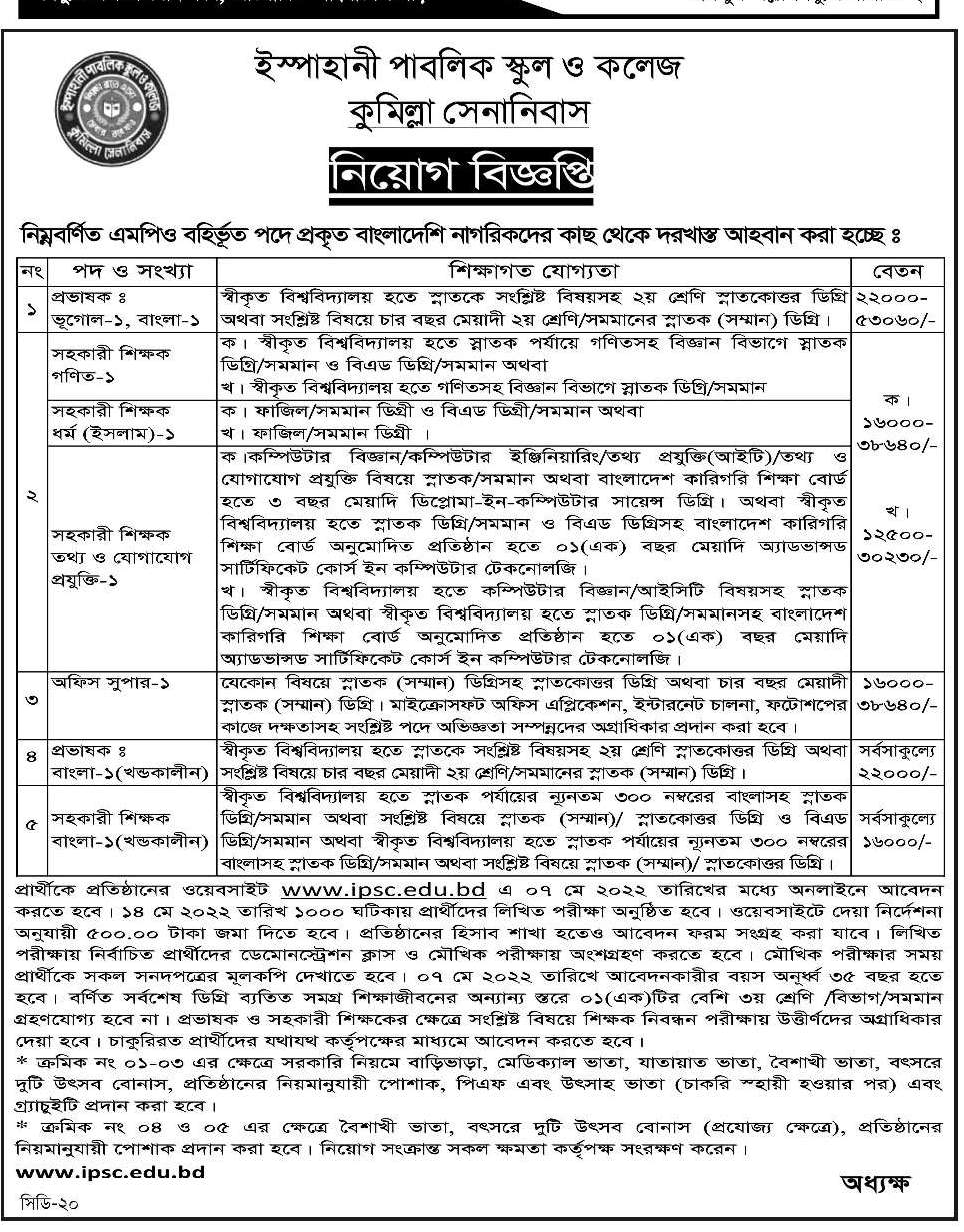 Isphani Public School and College Job Circular 2022