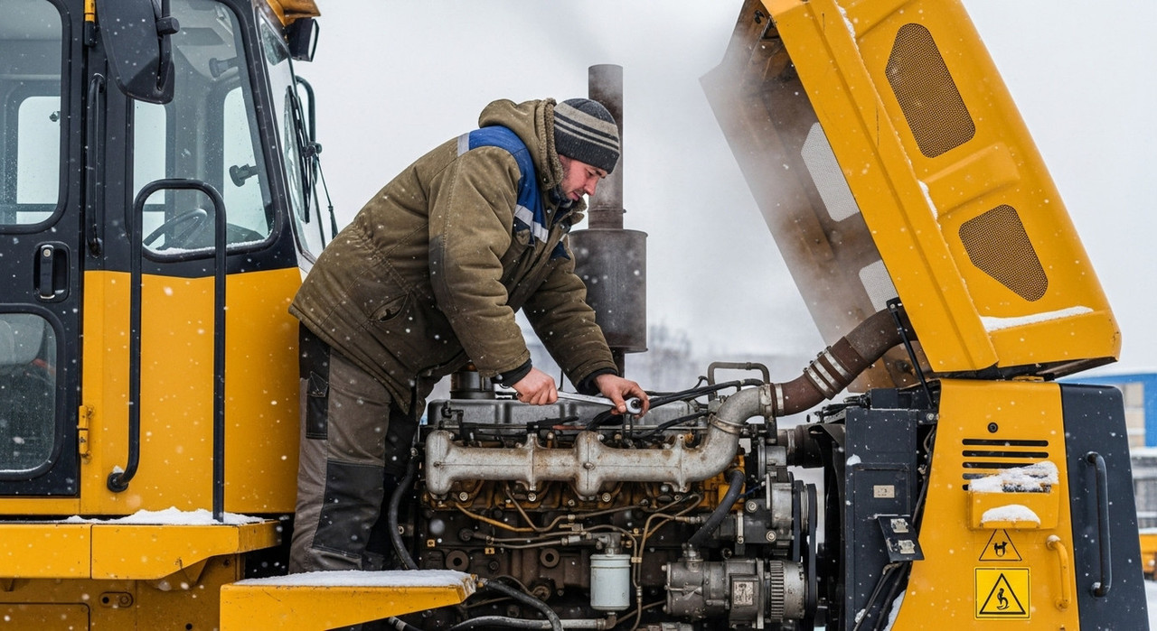 Проверка запуска дизельного двигателя спецтехники зимой, механик слушает работу мотора, важно для выявления проблем при холодном пуске