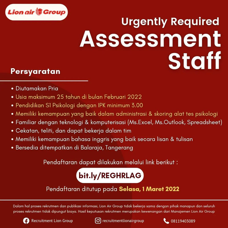 Lowongan kerja Lion Air Group posisi Assessment Staff