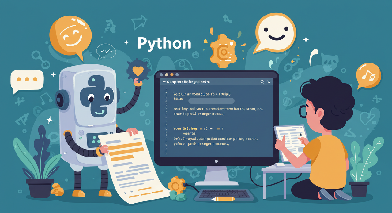 An illustration of a friendly snake mascot with a laptop, teaching kids to code.
