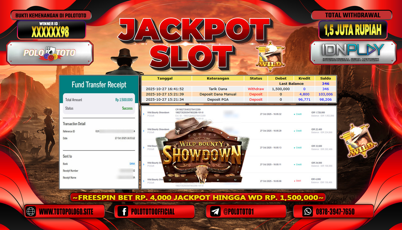 POLOTOTO JACKPOT SLOT WILD BOUNTY SHOWDOWN Rp.1.500.000,- LUNAS