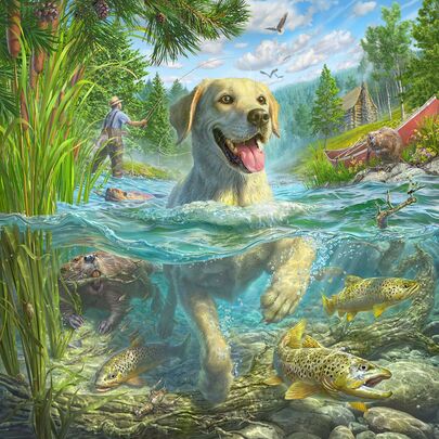 Dog-swimming-and-man-fishing