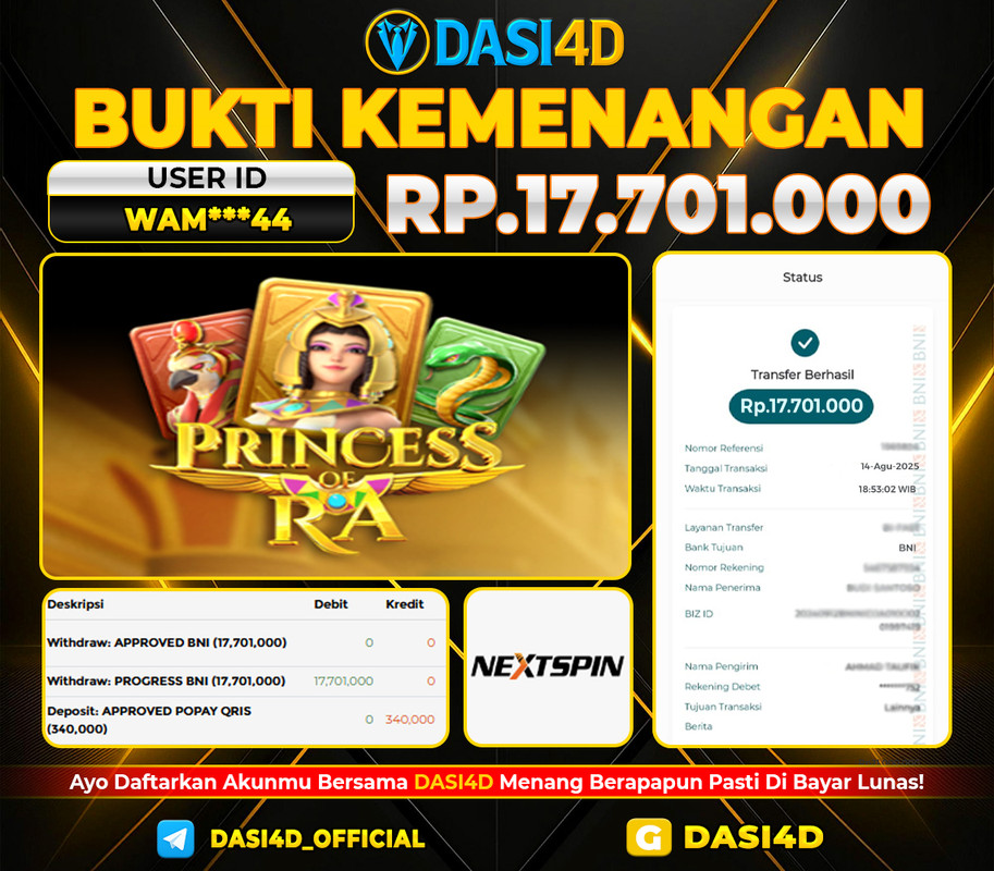 BUKTI KEMENANGAN 14 AGUSTUS 2025 DI PRINCESS OF RA WD 17.701.000