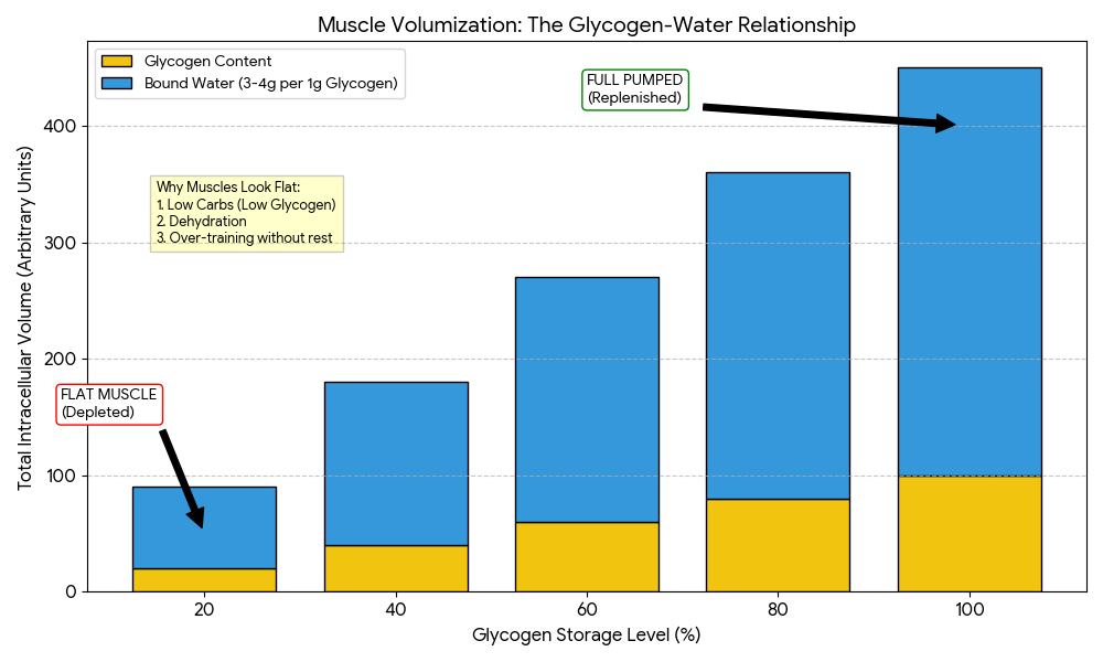 Chart showing glycogen storage and water retention relationship for why your muscles look flat and how to fix it