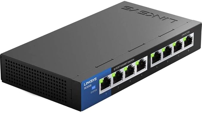 Detalle de los puertos y las luces LED del switch Linksys SE3008.