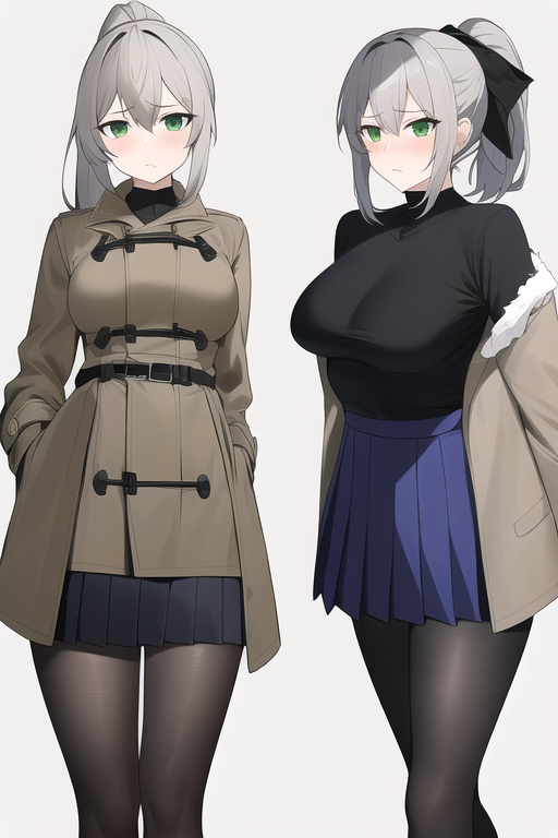 _ponytail, masterpiece, grey hair, green eyes, brown coat, blue pleats skirt, me s-118866984