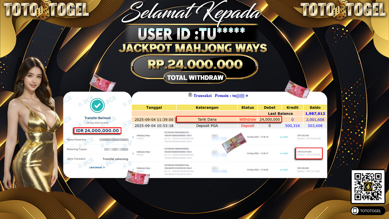 Bukti Pembayaran Jackpot Permainan Slot Mahjong Ways ID:TU***** LUNAS