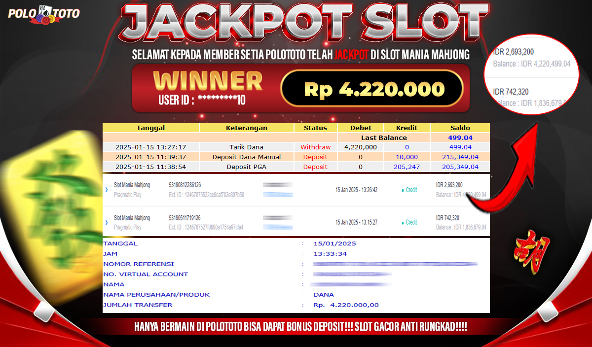 POLOTOTO JACKPOT SLOT MANIA MAHJONG Rp.4,220.000,-