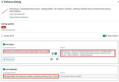 Amazon Enhance Listing review panel comparing the AI-generated Item Name and Item Highlight against the seller's original product title