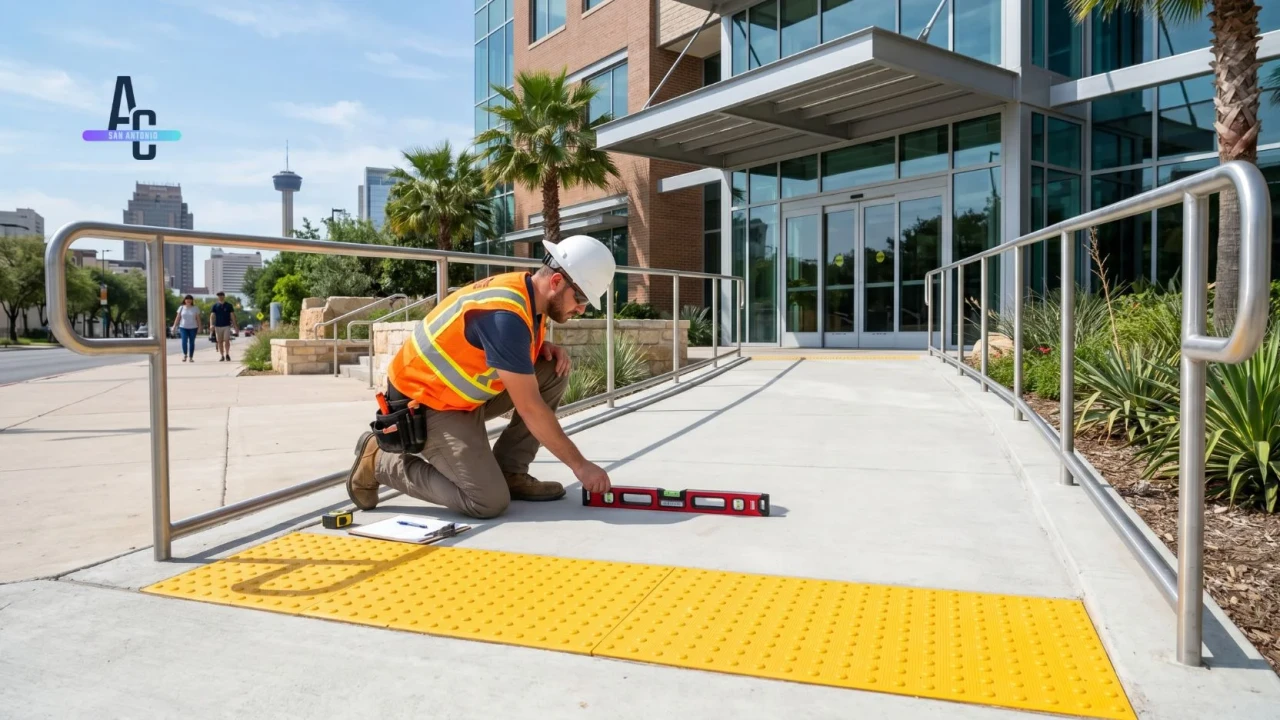 ADA compliant commercial concrete entrance and accessible route inspection in San Antonio