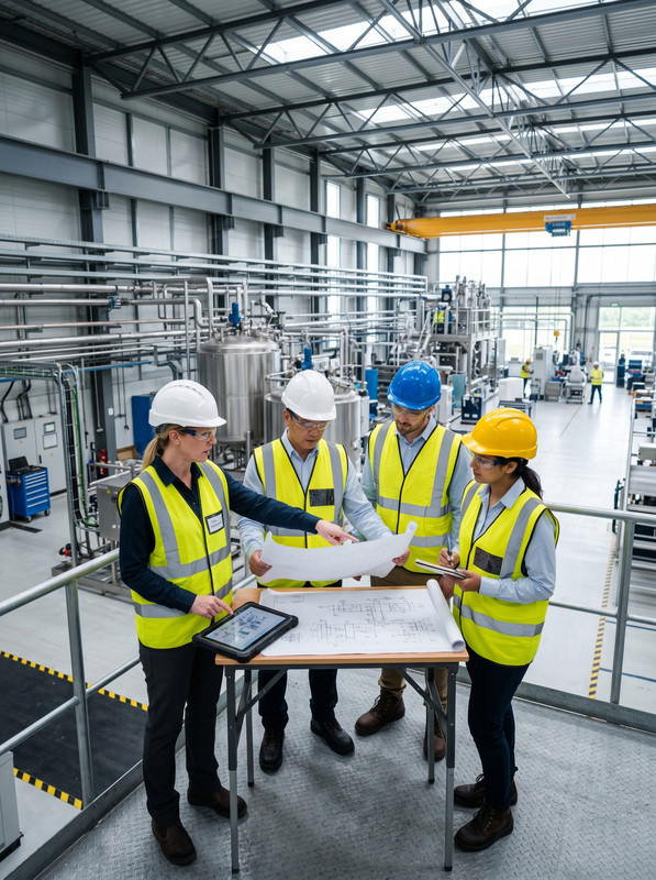 Engineering team working in an industrial environment