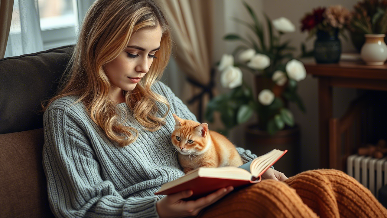 Чтение книги с котом дома