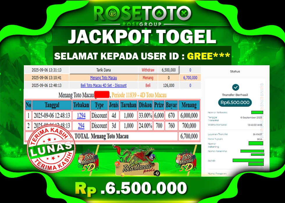 ROSETOTO JACKPOT TOGEL 4D TOTOMACAU Rp.6.500.000.,- LUNAS