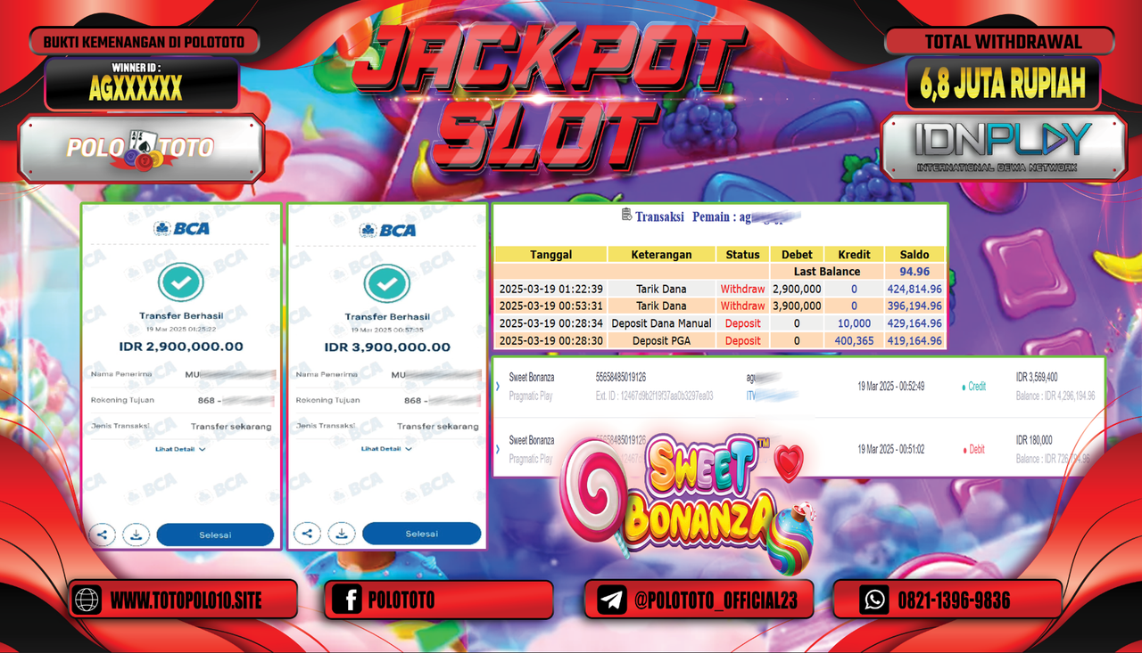 POLOTOTO JACKPOT SLOT SWEET BONANZA Rp.6.800.000,-