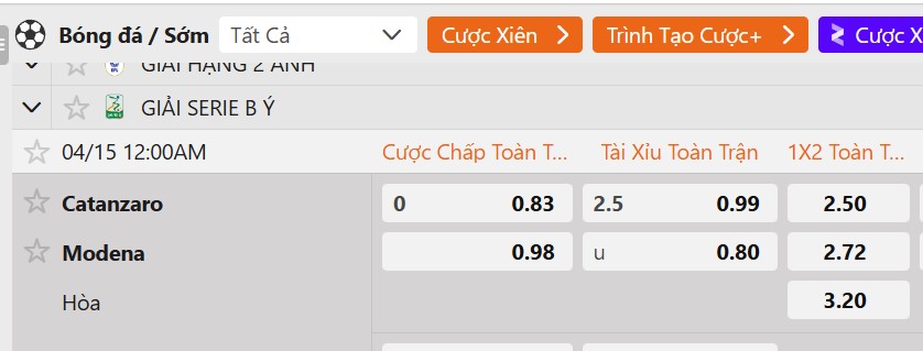 Tỷ lệ kèo Catanzaro vs Modena