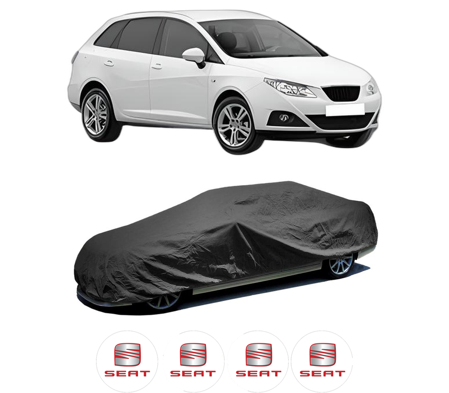 Husa tip prelata auto pentru SEAT IBIZA IV ST (6J8, 6P8) din 2010-2016, Culoare Negru, material textil impermeabil, rezistanta la intemperii praf UV, CARPASSION Husa Protectie, 4 Stickere auto cu SEAT