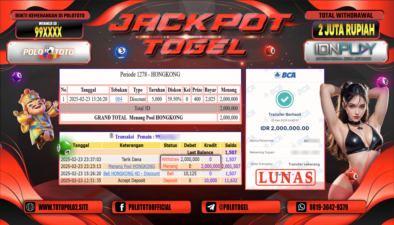 POLOTOTO JACKPOT TOGEL PASARAN HONGKONG Rp.2.000.000,- LUNAS