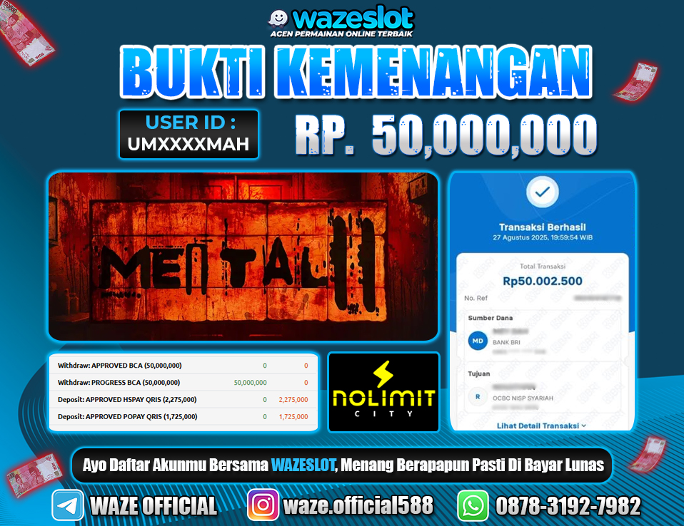 BUKTI KEMENANGAN 28 AGUSTUS 2025 GAME MENTAL ( NOLIMIT CITY ) 