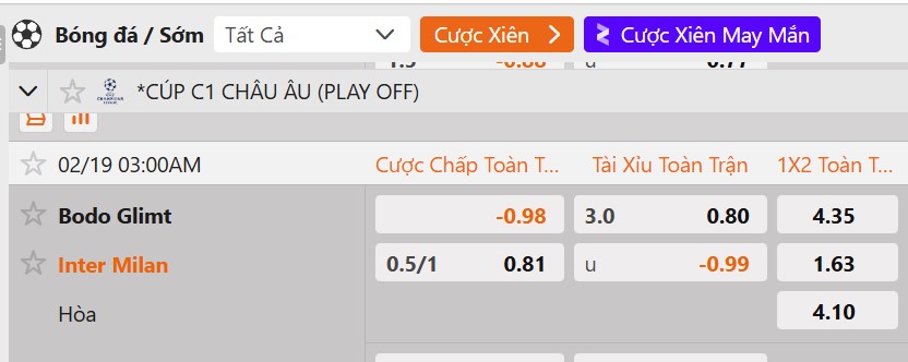 Tỷ lệ kèo Bodo Glimt vs Inter Milan