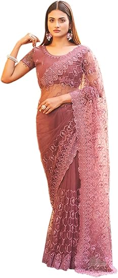 Womanista Embroidered Net Saree Mauve