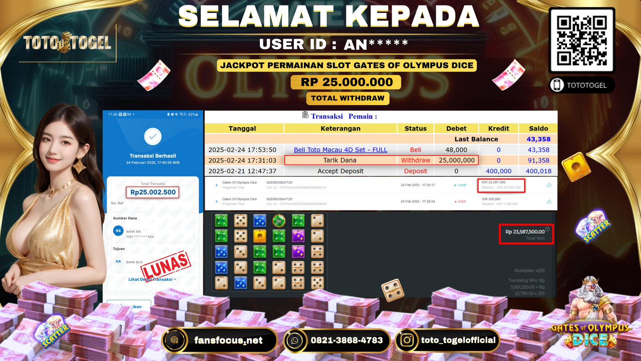 Bukti Pembayaran Jackpot  Permainan Slot Gates Of Olympus Dice  ID:AN***** LUNAS