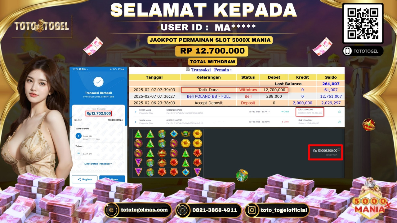 Bukti Pembayaran Jackpot  Permainan Slot 5000X Mania  ID:MA*****  LUNAS