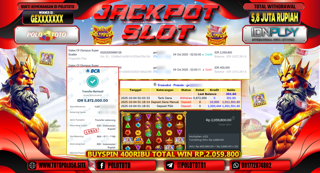POLOTOTO JACKPOT SLOT GATES OF OLYMPUS SUPER SCATTER Rp.5.800.000,- LUNAS