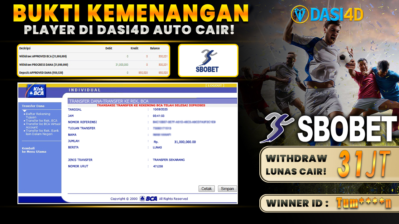 BUKTI KEMENANGAN 10 JUNI 2025 DI SPORTBOOK SBO SPORT WD 26 JUTA