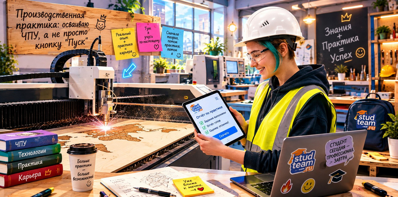student standing confidently in a factory workshop