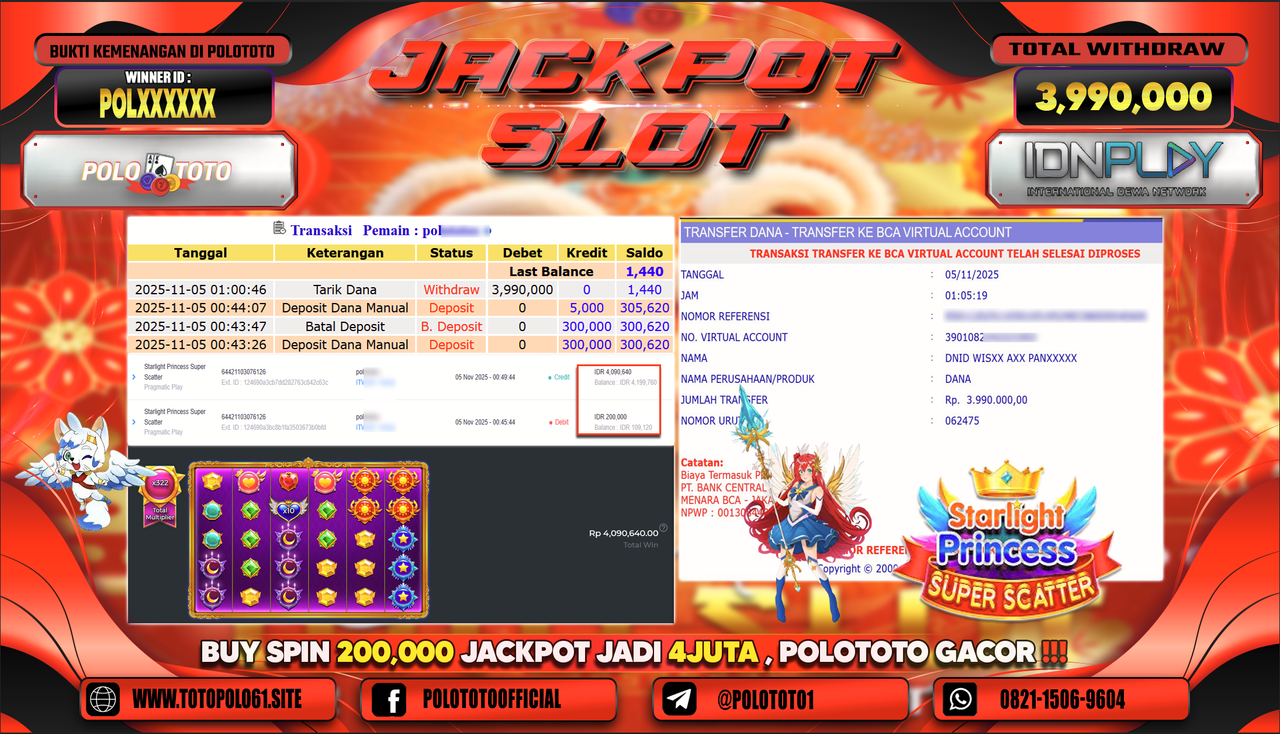 POLOTOTO JACKPOT SLOT STARLIGHT PRINCESS SUPER SCATTER Rp.3.990.000,- LUNAS