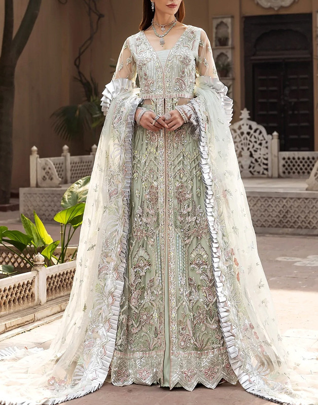 Luxurious Mirror & Heavy Handwork Embroidered Net Bridal Maxi Dress