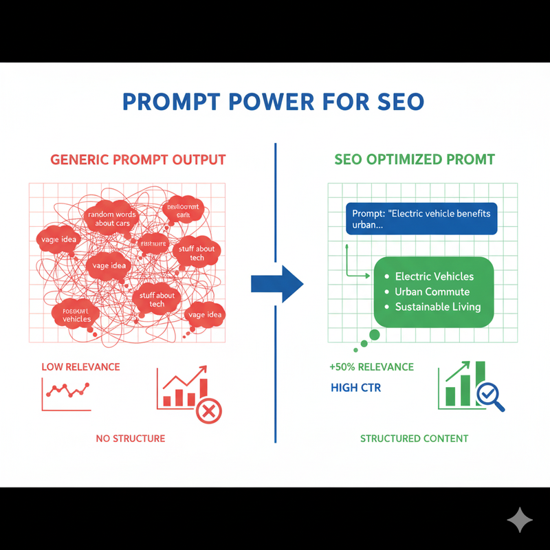 Infographic: Before/after comparison of generic vs. SEO-optimized AI prompts