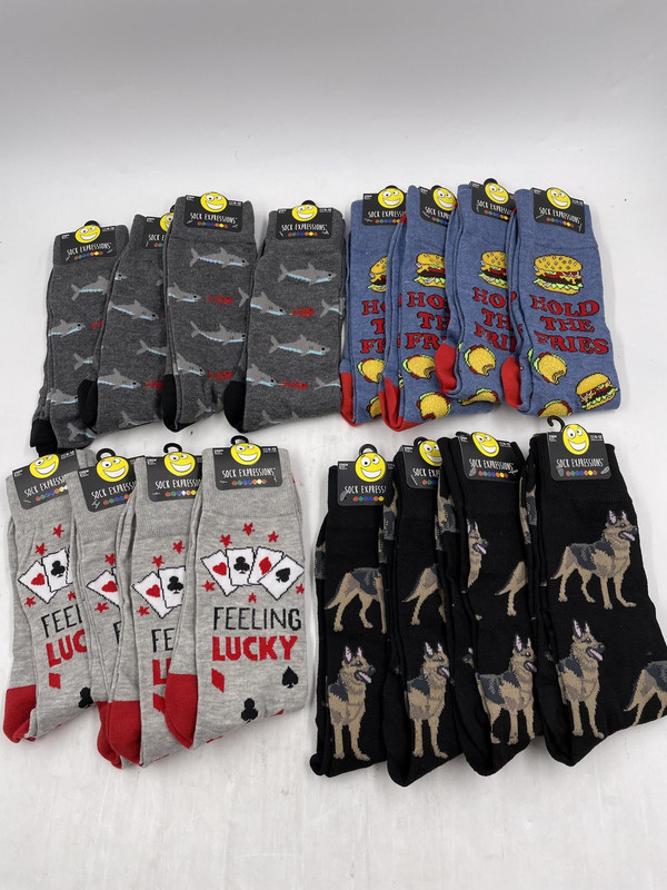 SOCK EXPRESSIONS MEN'S CREW SOCKS ASSORTED ONE SIZE 6-12 16 PCS SHARKS