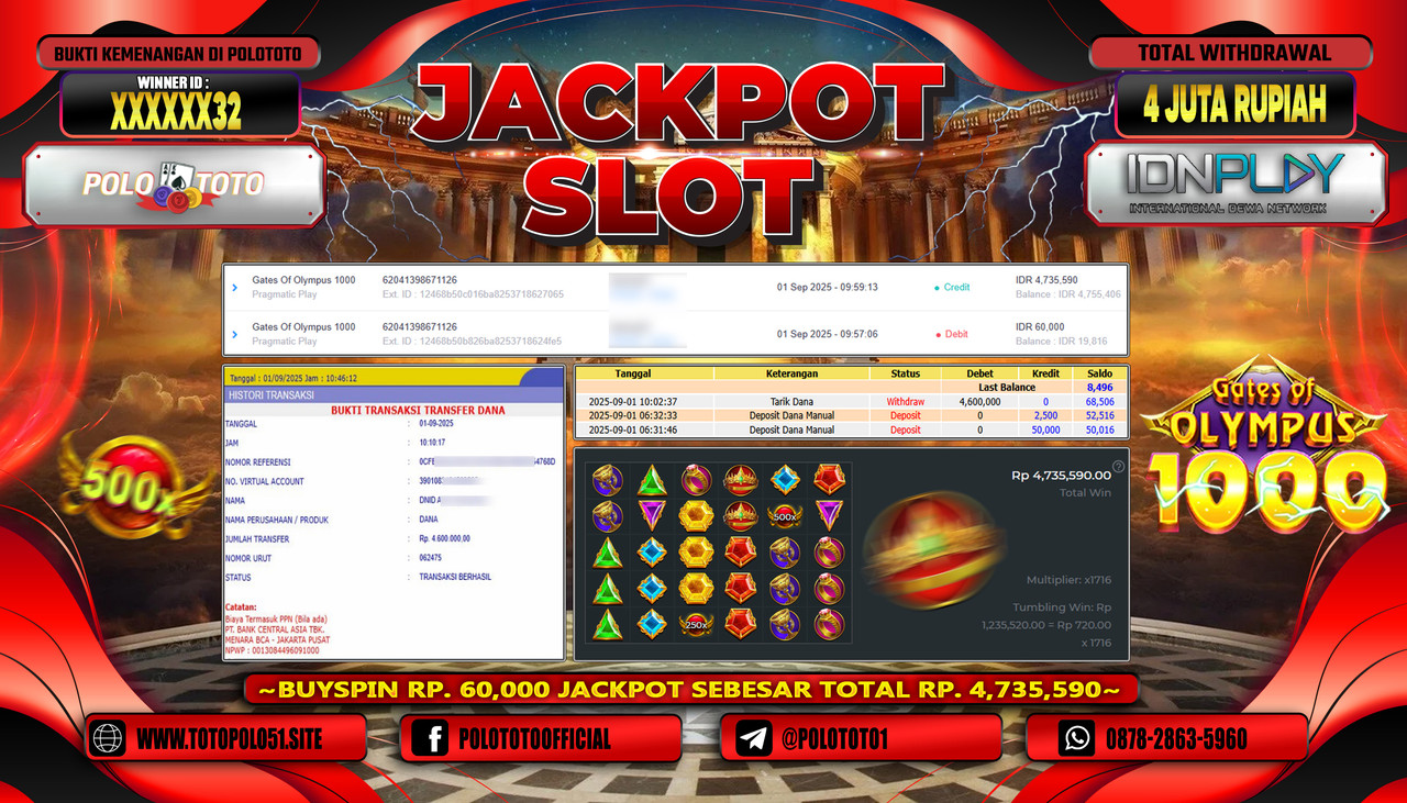 POLOTOTO JACKPOT SLOT GATES OF OLYMPUS 1000 Rp.4.000.000,-LUNAS