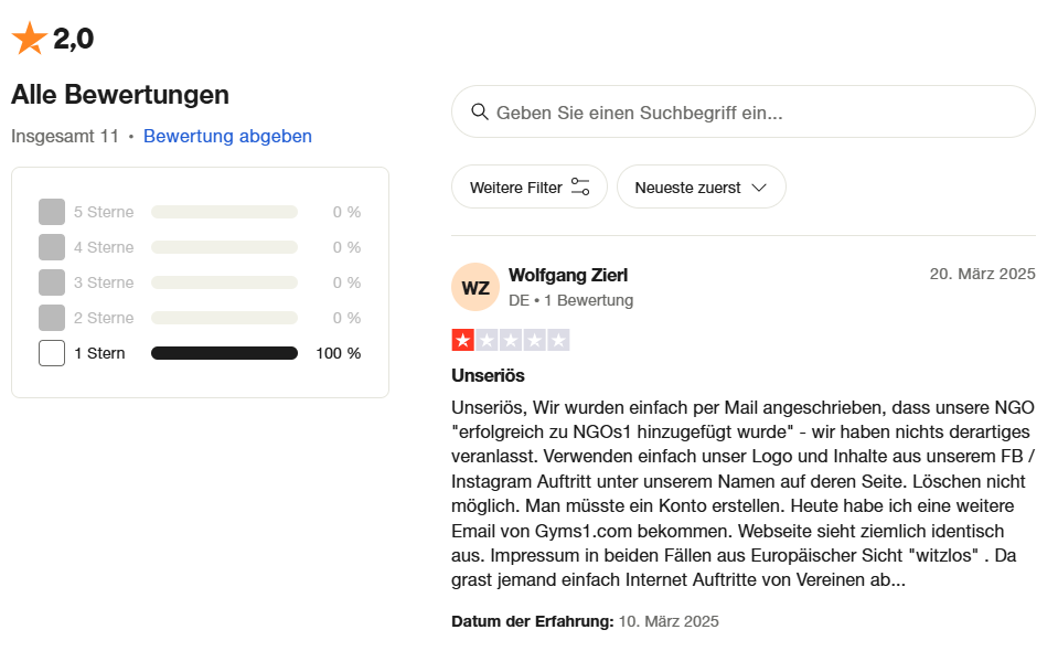 Bewertung von NGOs1 auf Trust Pilot