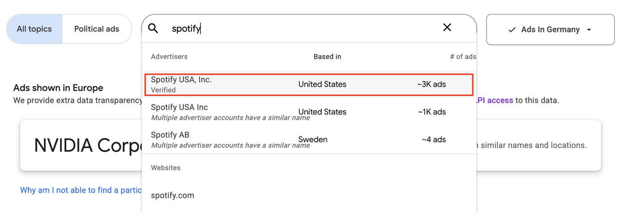 searching for an advertiser or domain directly