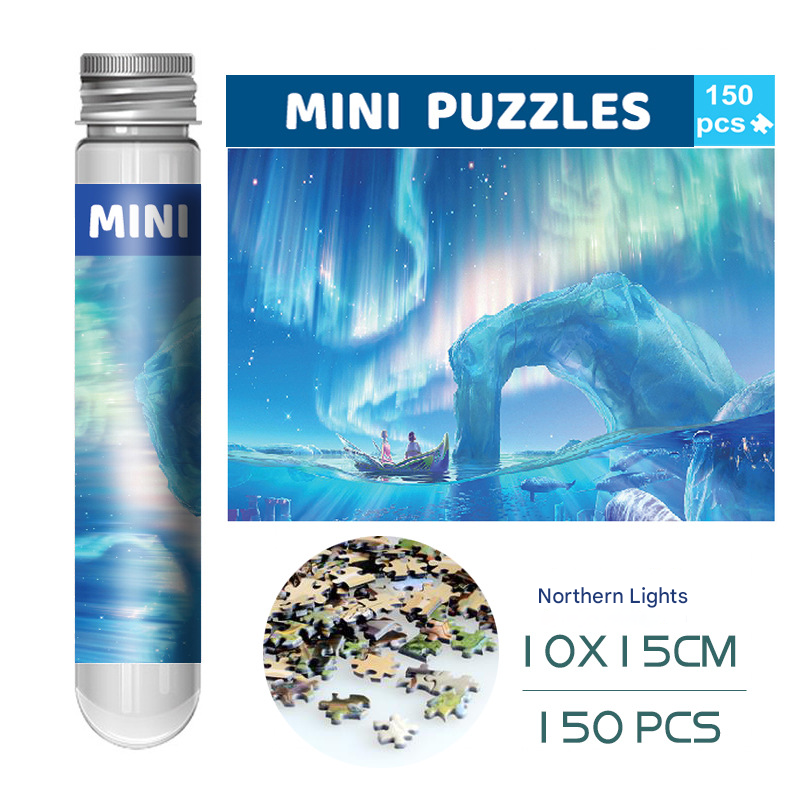 2 PCS 150-Piece Mini Puzzle in Reusable Tube – Compact Jigsaw for Home or Travel, Frame Not Included(118-Northern Lights)