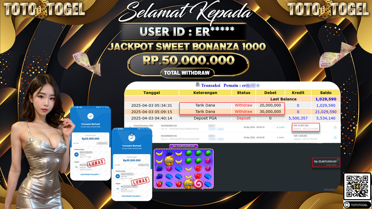 Bukti Pembayaran Jackpot  Permainan Slot Sweet Bonanza 1000 ID:ER***** LUNAS